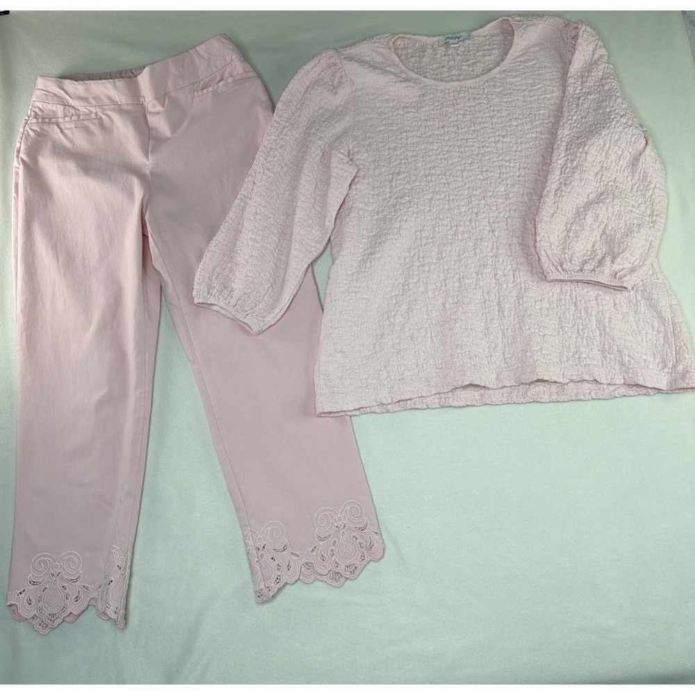 Chico's 2 Pc Blush Pink Textured Top & Lace Hem Pants Set Women's M/6